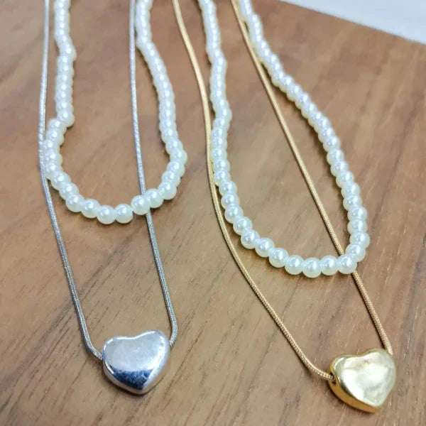 Heart and Pearl Double Chain Necklace