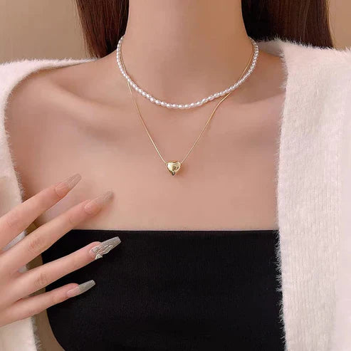 Heart and Pearl Double Chain Necklace